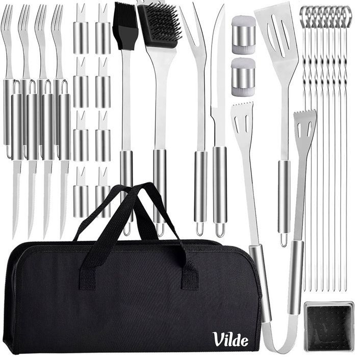 Juego de utensilios para barbacoa VILDE de 33 piezas - Acero inoxidable, estuche de transporte, prácticos accesorios para barbacoa