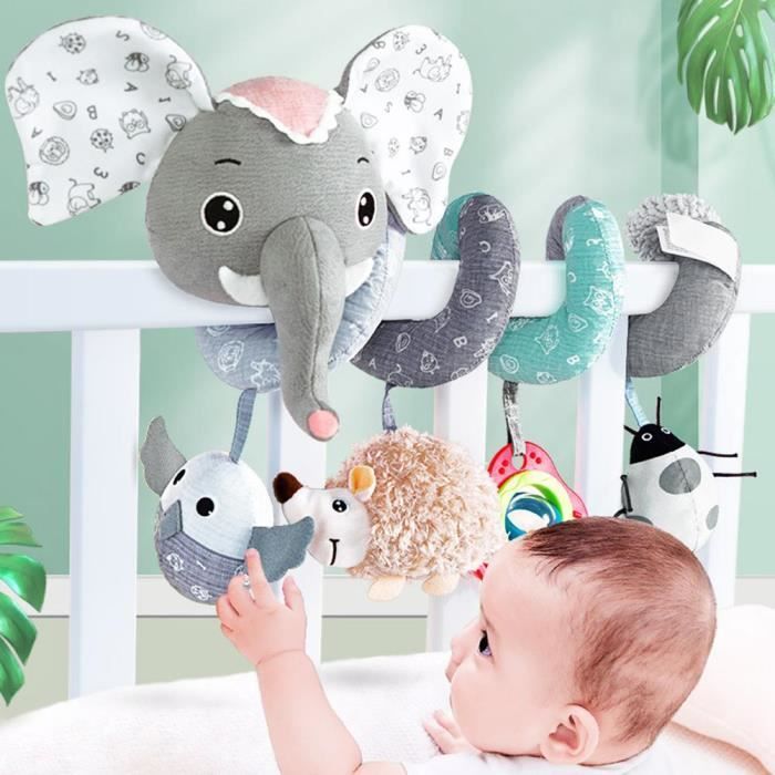 SALUTUYA Juguetes colgantes de actividades en espiral, juguetes de elefante en espiral para cochecito de bebé, música suave, juegos de actividades