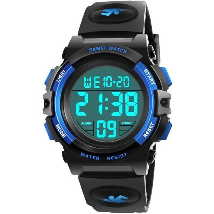 Bracelets de Montres Bleu, LED Montre Enfant Garcon, 12/24H avec Réveil Montres Sport