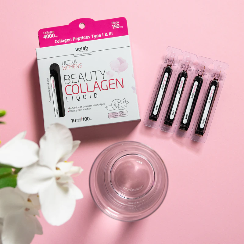 VPLab Beauty Liquid Collagen, een vloeibaar collageen voedingssupplement in ampullen.