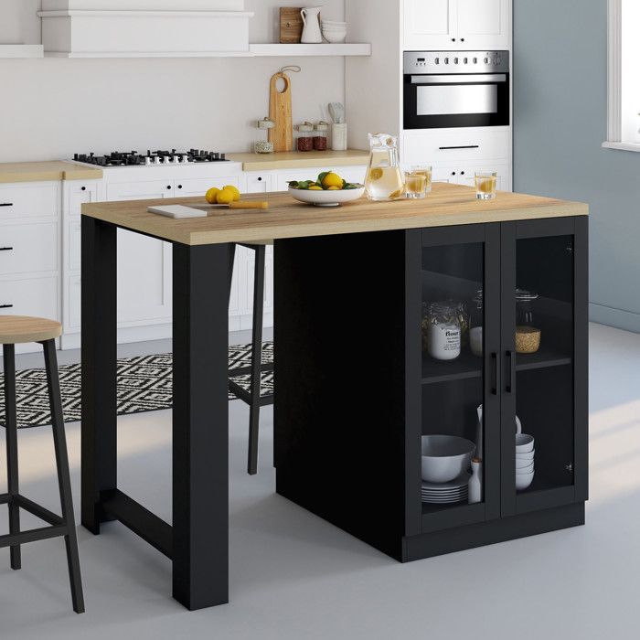 IDMARKET Ilot central LINO 120 cm 2 personnes bois noir avec plan de travail façon hêtre et portes vitrées