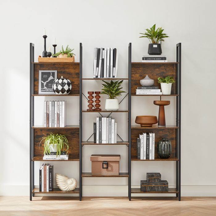 VASAGLE Bibliothèque, Étagère de Rangement, avec 14 Étagères, Cadre en Métal, Salon, 24 x 158 x 166 cm, Marron Rustique et Noir