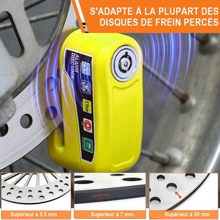 Candado de disco para motocicleta con alarma de 110 dB, reforzado, resistente al agua, cable recordatorio de 1,2 m, 2 llaves de seguridad, universal de 7 mm para motocicletas, scooters y bicicletas.