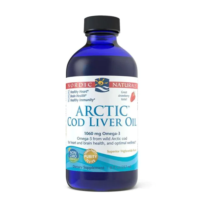 Nordic Naturals Arctic Cod Liver Oil, Olej z dzikiego dorsza arktycznego, Smak truskawkowy, Płyn