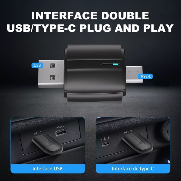 Adaptador inalámbrico CarPlay para Apple CarPlay y Android Auto: dongle Bluetooth 2 en 1 para convertir de cableado a inalámbrico.