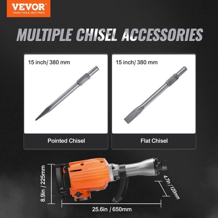Martillo demoledor VEVOR de 2200 W - Taladro percutor rotativo - 2 cinceles, 1350 golpes por minuto