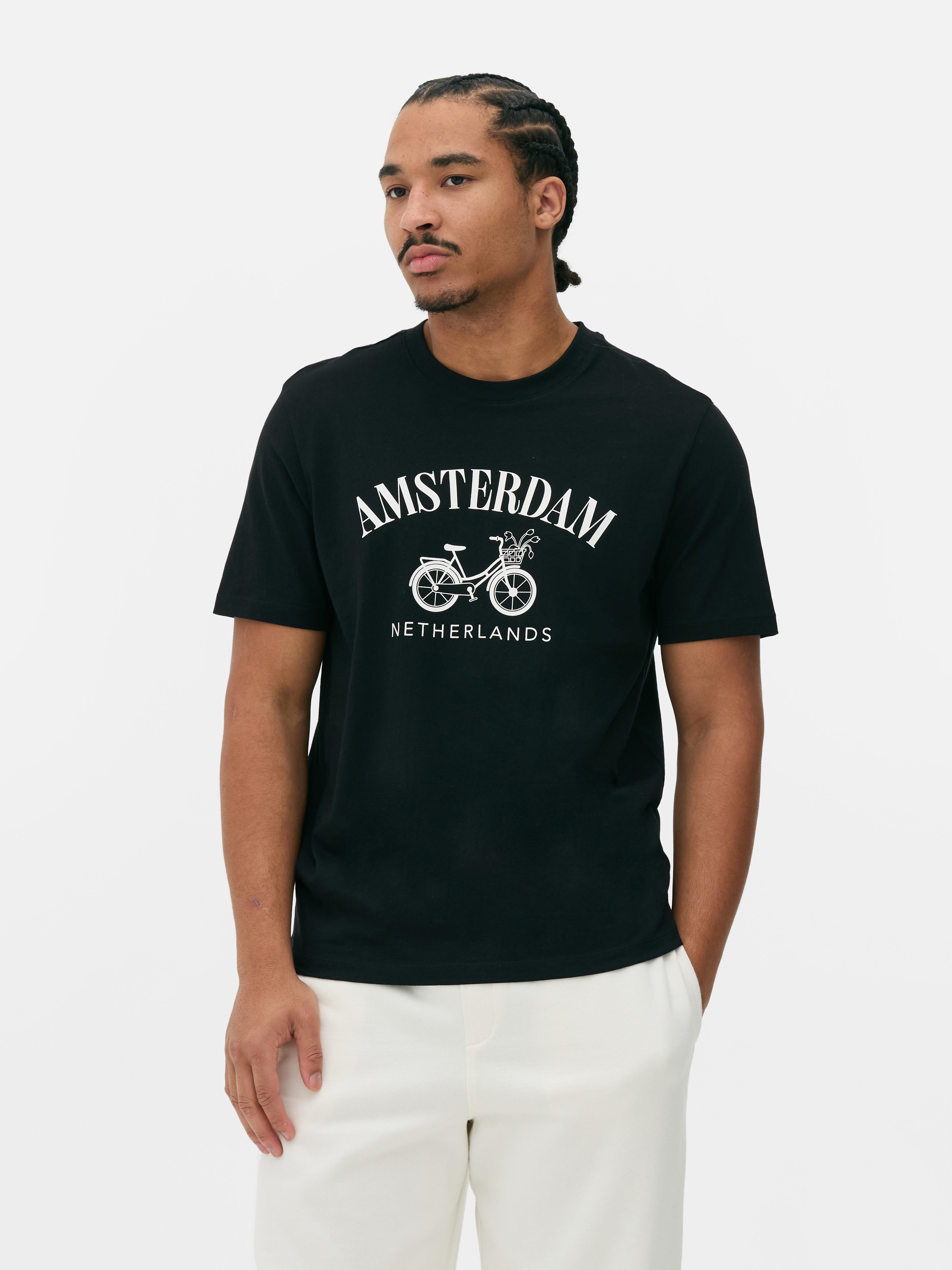 Amsterdam Kurzarm-T-Shirt Ein kurzärmeliges T-Shirt mit Rundhalsausschnitt und Amsterdam-Design