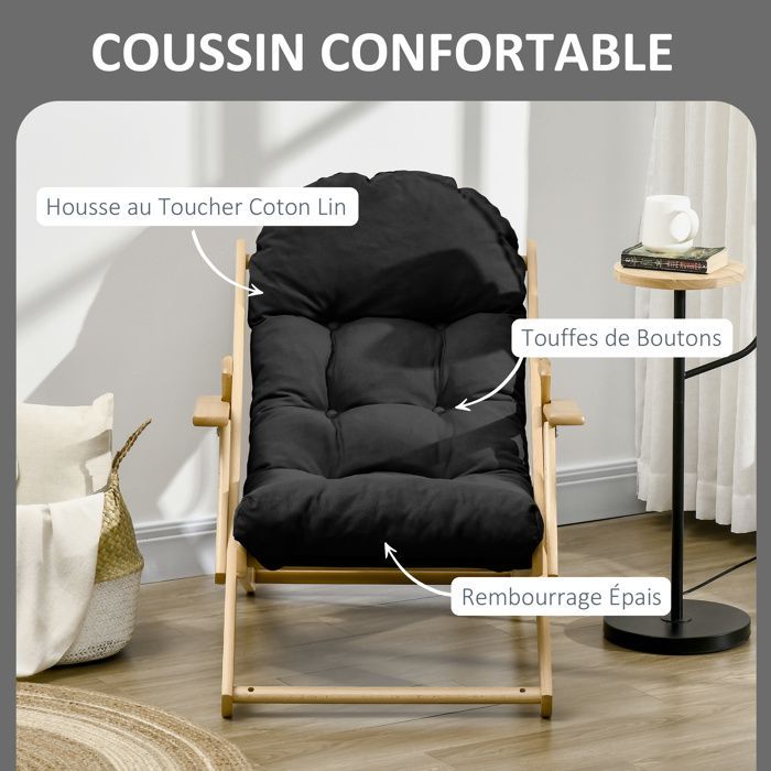 Fauteuil relax - HOMCOM - pliable et inclinable - coussin capitonné épais - bois d'hévéa - 71x89x96cm - noir