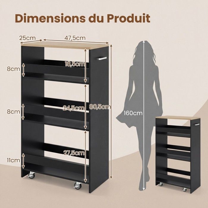 GIANTEX Narrow Kitchen Trolley with Wheels and Brakes - 47.5x25x80.5cm - 4-Tier Serving Cart with Handle - Black + Natural