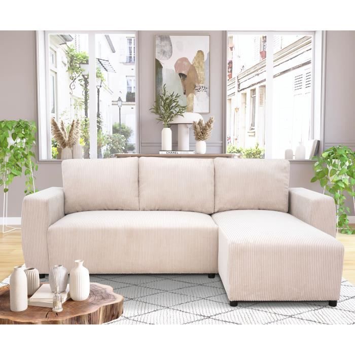 Sofá-cama de canto reversível PHARELL de 3 a 4 lugares - Veludo cotelê bege - Compartimento de armazenamento - L 230 x P 155 x A 95 cm