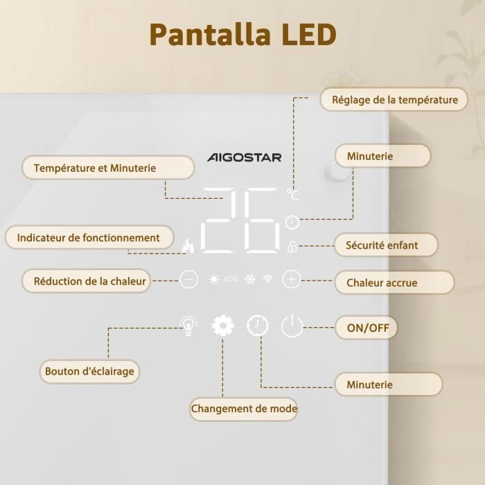 Radiatore elettrico da 2000 W con pannello in vetro ultrasottile, connessione Wi-Fi, Alexa, timer 24 ore, 3 modalità, touchscreen a LED.