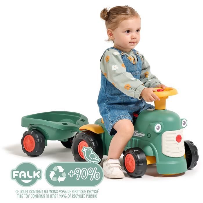 Trattore cavalcabile Maurice - FALK - Volante e rimorchio - 100% Made in France - 90% plastica riciclata - Età 12 mesi+