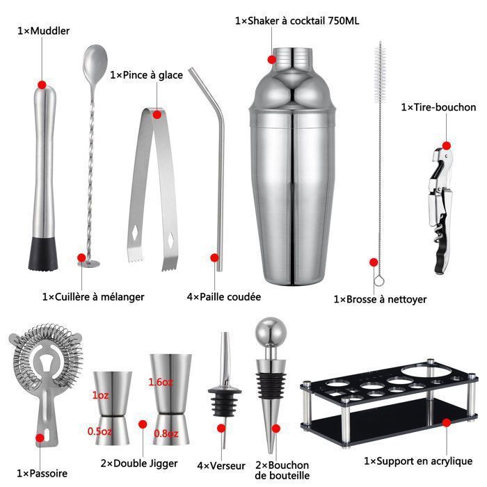 Conjunto de 20 peças para coqueteleira, 750ml, em aço inoxidável, com suporte em acrílico.