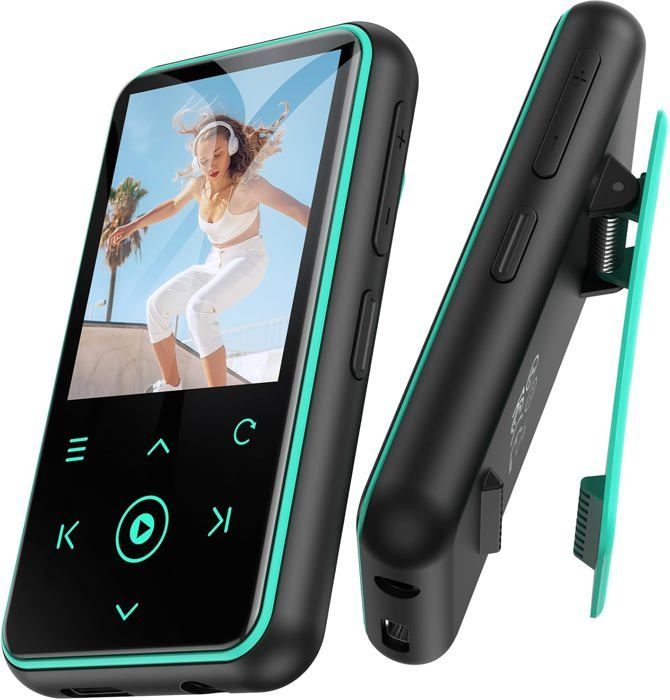 AGPTEK 64GB Bluetooth 5.3 MP3-afspiller med klips, 1,8 tommer HiFi-sportsmusikafspiller med FM-radio/skridttæller/optager - Blå