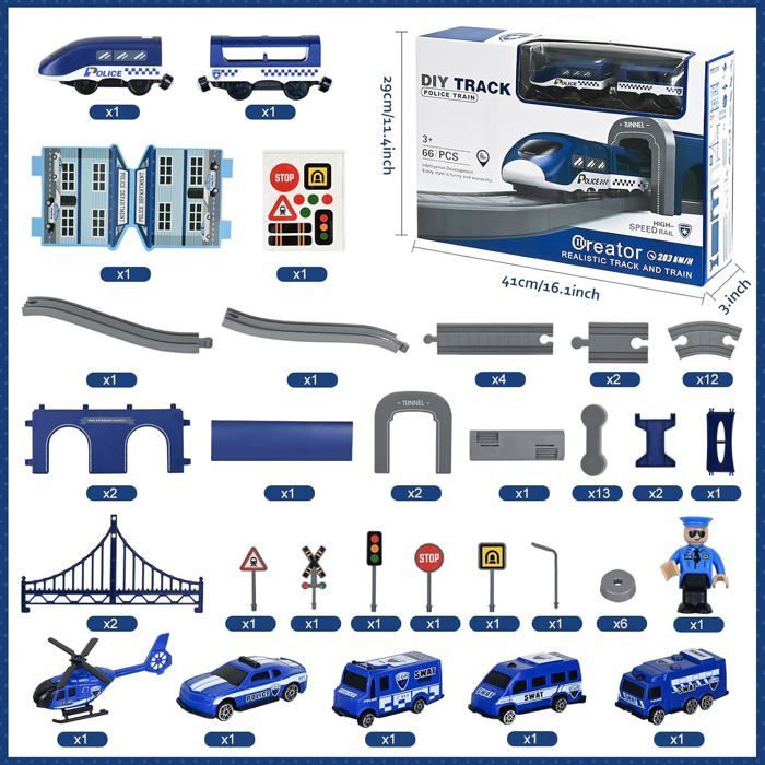 Train Électrique Enfant, 66pcs, Jouets Enfants Véhicules de Construction, 6-12 ans de Cadeau Garçon Fille, Bleu