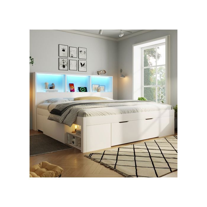Cama de casal 140x190 cm - Com cabeceira com iluminação LED, portas USB e Tipo-C - Com gaveta e mesas de cabeceira - Branca - Colchão não incluído