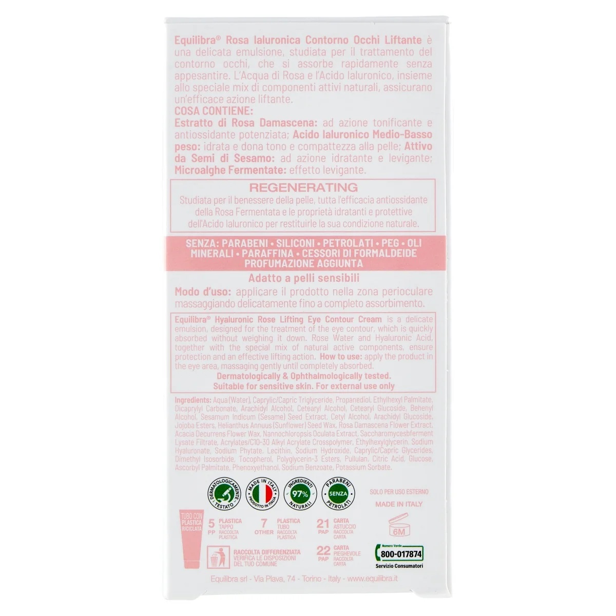 EQUILIBRA Equilibra Hyaluronic Rose Lifting Eye Contour 15 ml liftende emulsie