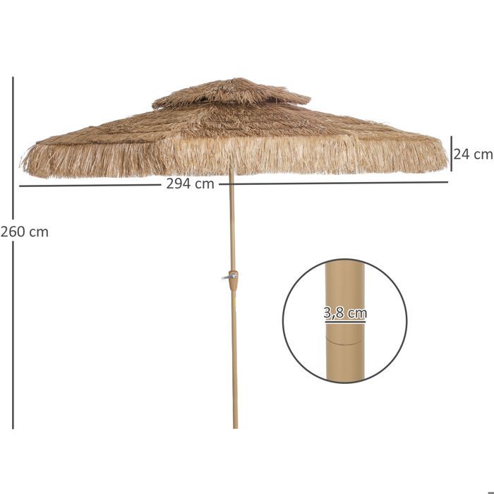 Sombrilla de jardín de paja para exteriores - Outsunny - Ø 294 cm - 8 varillas metálicas - 140 g - Protección UV con manivela - amarilla