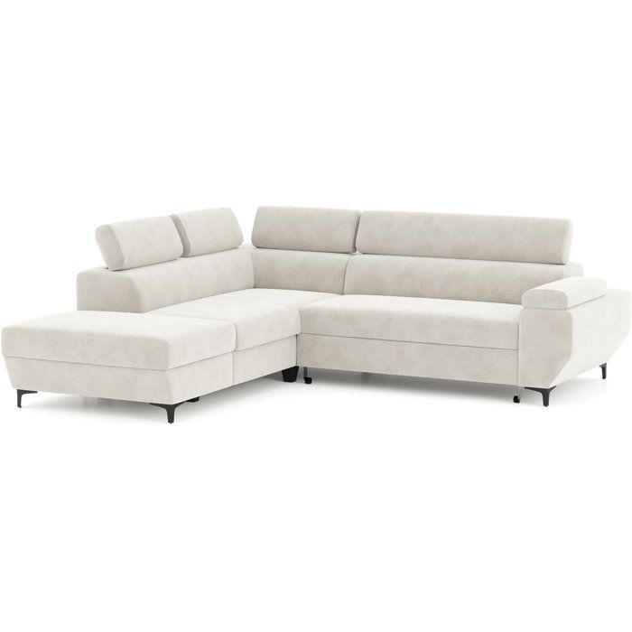 Sofá esquinero convertible de 3 plazas - MIKY - Tejido color arena - Compartimento de almacenamiento y reposacabezas - 262 x 235 x 96 cm - CONFORTEAM