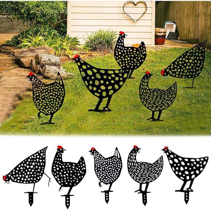 Prachtige set van 5 metalen kippensilhouetten als tuindecoratie, realistische decoratie voor gazon en tuin, kunstzinnige decoratie voor de binnenplaats.