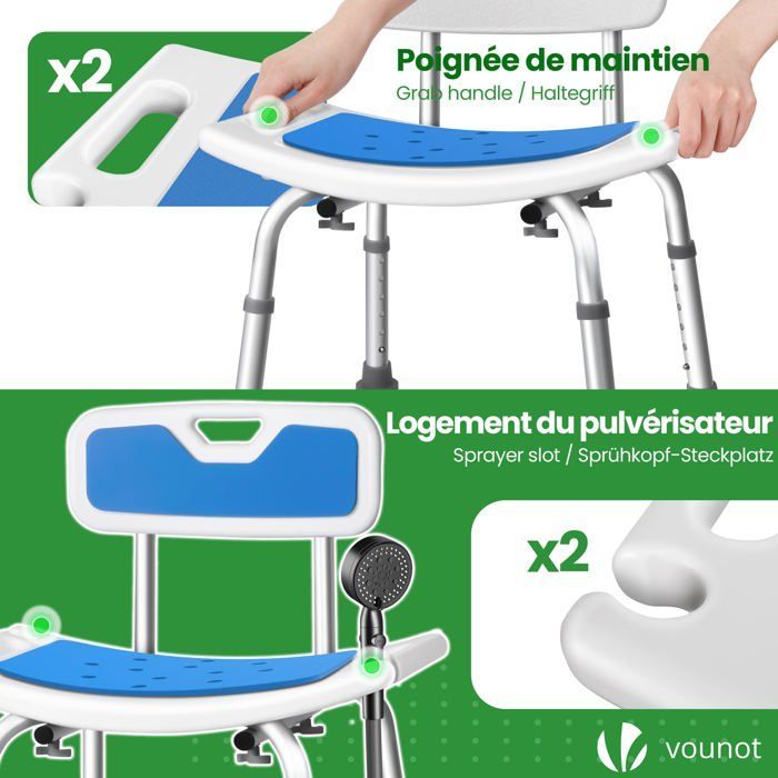 VOUNOT® Duschstuhl mit ergonomischer Rückenlehne – Höhenverstellbar – Rutschfeste Füße – Sitzfläche aus Aluminium und HDPE – Blau
