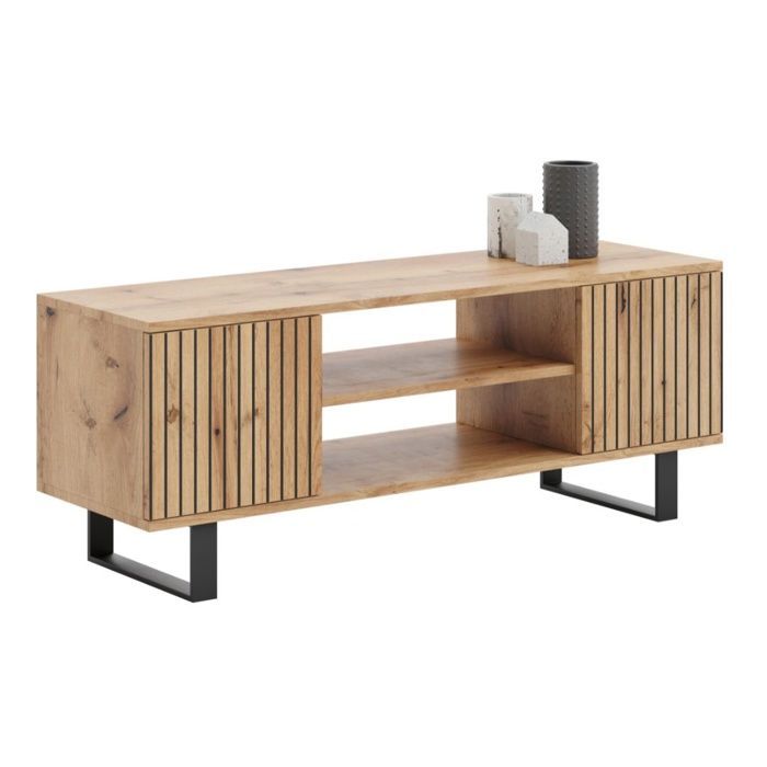 Mueble para TV FOCUS, 135 x 40 x 49 cm (ancho x profundidad x alto), color roble dorado, patas metálicas estilo loft.