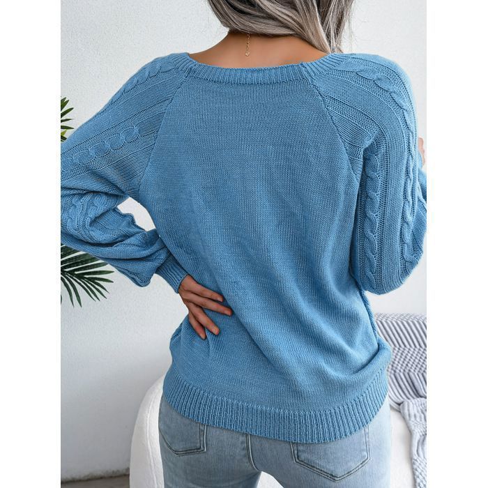 Pull Femme en Tricot Manches Longues Col Carré Pullover Lâche Torsadée Avec Boutons Couleur Unie Automne Hiver - Taille EU - Bleu