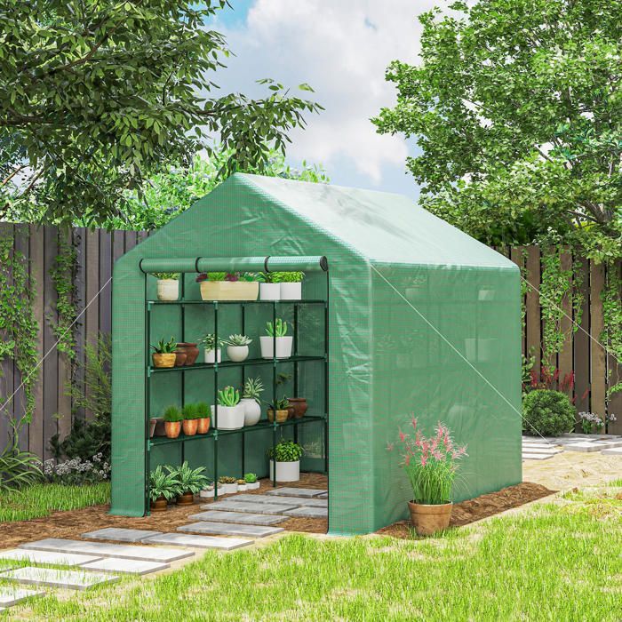 Serre de jardin - Outsunny - étagères 3 niveaux - porte enroulable - bâche PE renforcée, tube en acier - 244 x 180 x 210 cm - vert