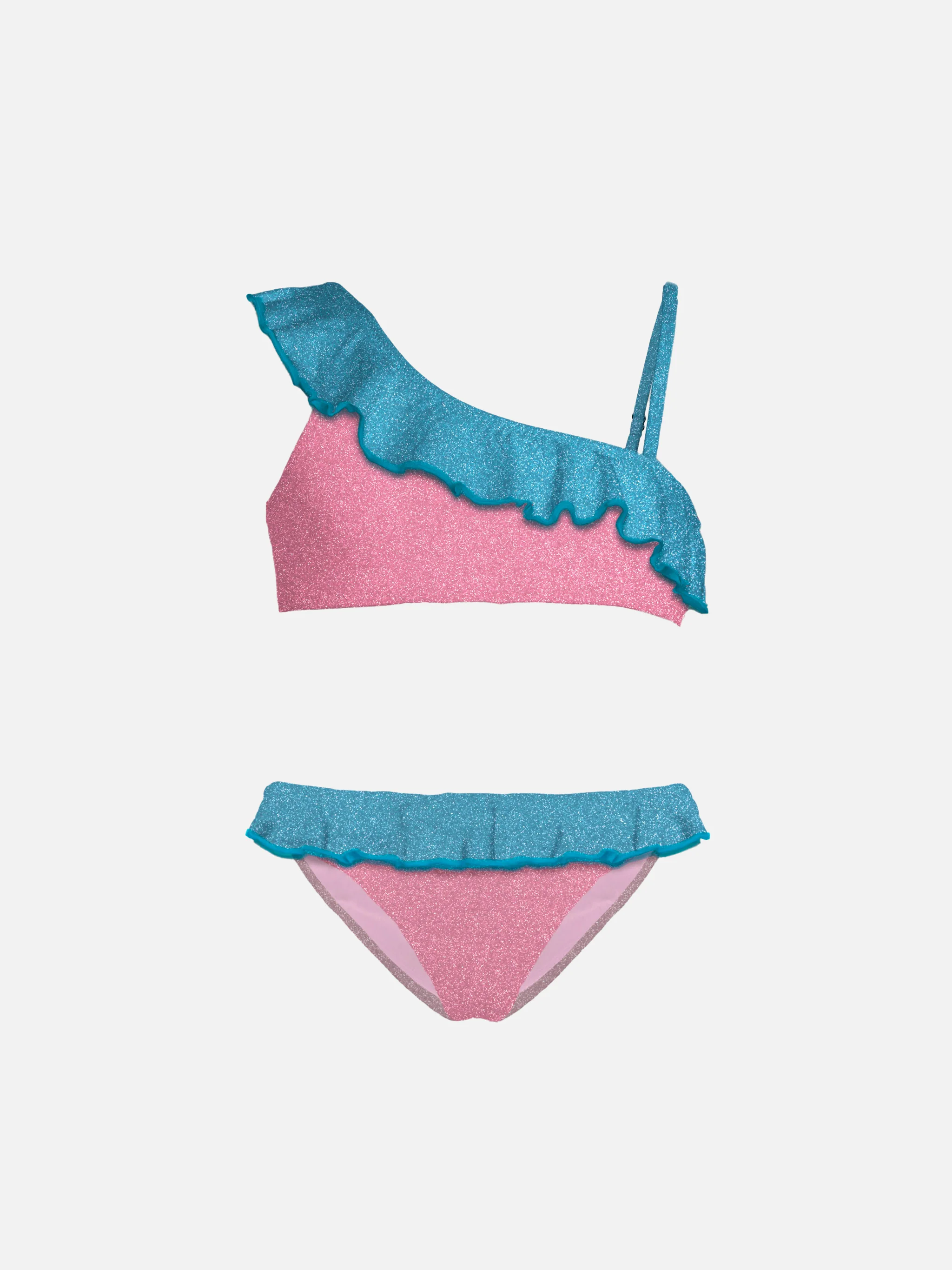 Mädchen-Bikini aus Lurex mit einem Träger und Rüschen