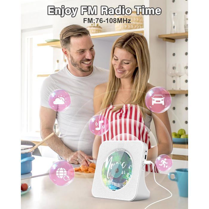Bluetooth 5.0 cd-speler, HiFi, afstandsbediening, led-display, FM-radio, AUX/USB, stofbestendig, wit