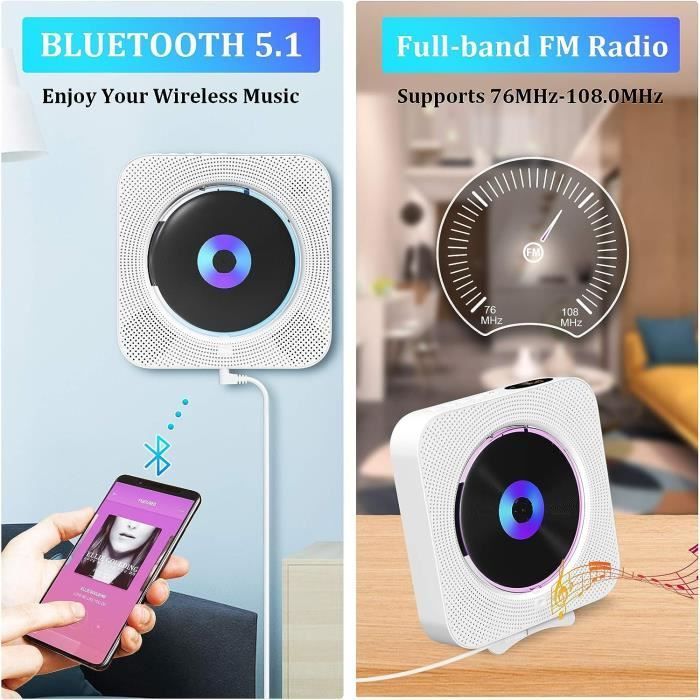 Reproductor de CD portátil UVERBON, reproductor de DVD de montaje en pared, Bluetooth, altavoces HiFi integrados, radio FM, MP3, conector para auriculares de 3,5 mm, entrada auxiliar.