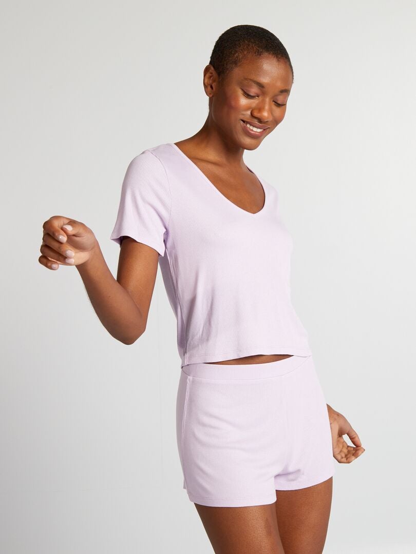 Korte gebreide pyjama met ribbels - 2-delig - PAARS