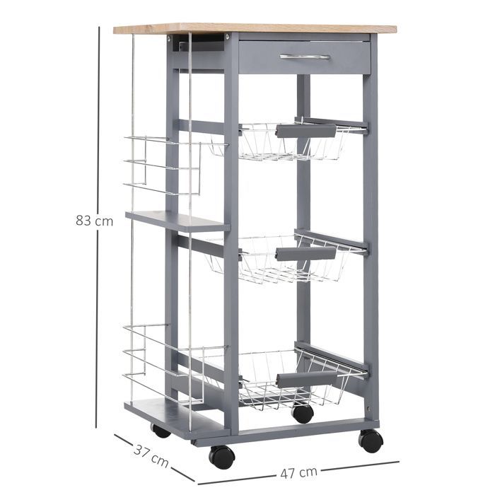 Chariot de service - HOMCOM - desserte cuisine roulettes 3 paniers métal tiroir 2 range-bouteilles - bois pin - gris