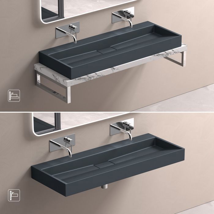 Lavabo suspendido con desagüe, lavabo de encimera, gris mate/negro, 120x46x11cm, lavabo rectangular, no requiere taladrado, Colossum19