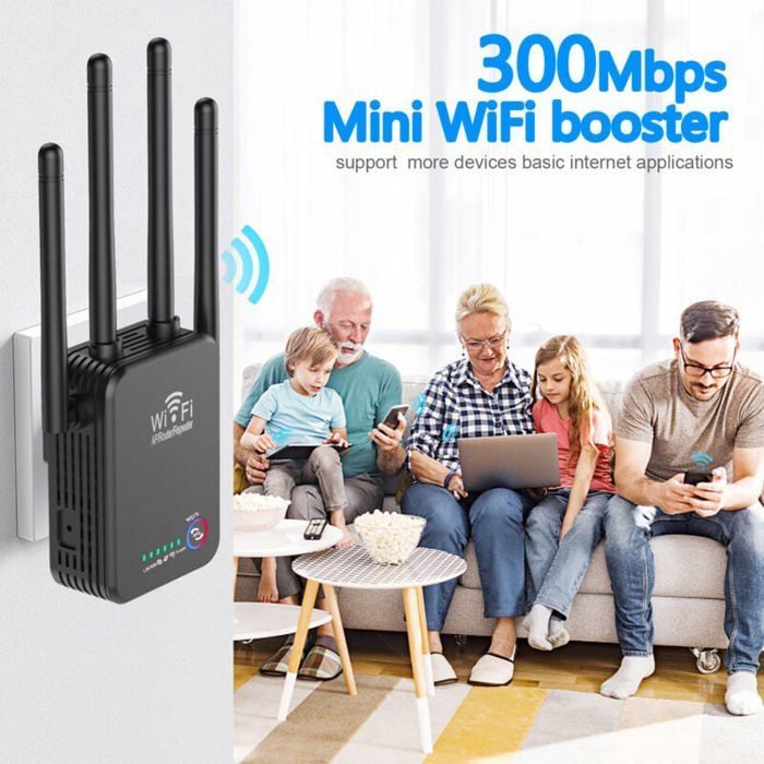 Ripetitore WiFi wireless con 4 antenne, WiFi 2.4G, estensore di portata 300M, amplificatore di segnale a lungo raggio, nero. PZCC