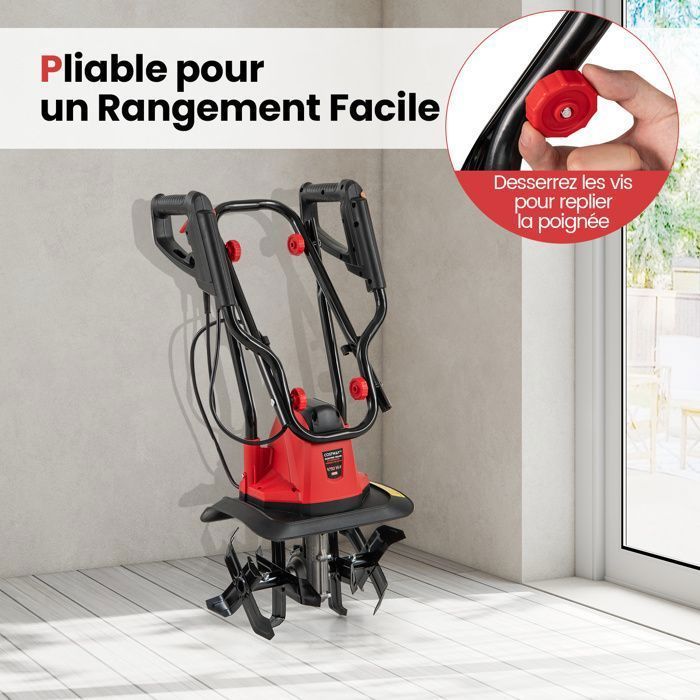 Motocultor/cultivador COSTWAY 750W - Ancho 32 cm, Profundidad 22 cm - Interruptor de seguridad - Protector - 4 cuchillas - Mango plegable - Rojo