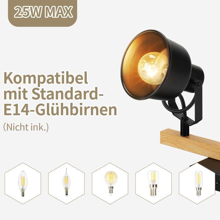 Plafonnier - NETTLIFE - Spot de plafond 4 flammes - Noir - Orientable 350° - Douille E14 Max 25W
