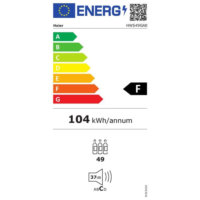 HAIER HWS49GAE Wijnkoeler - Zwart - 49 flessen - Trillingsbestendig - Energieklasse F