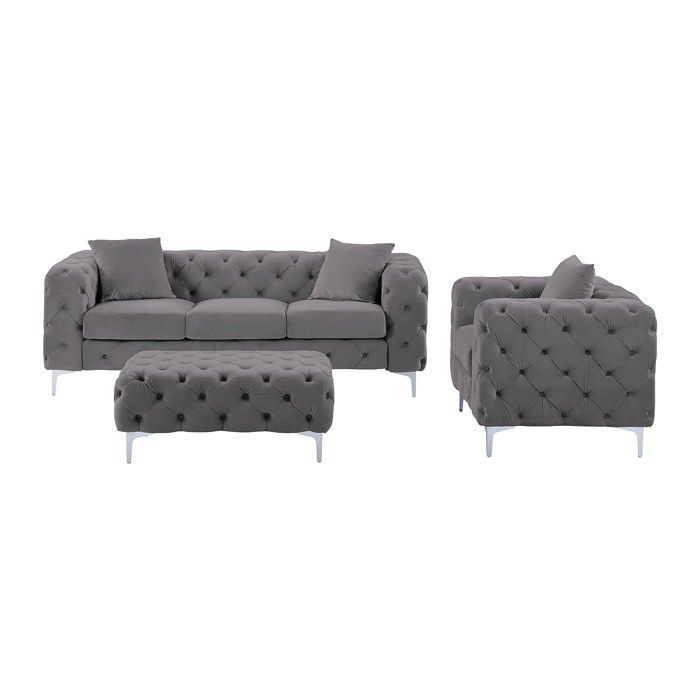 Sofá de 3 plazas, sillón y otomana Chesterfield EDWINA en terciopelo antracita.