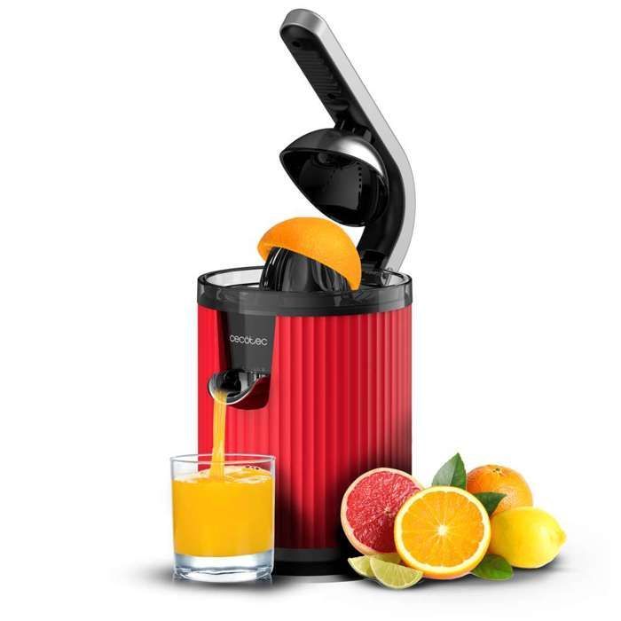 Exprimidor eléctrico de cítricos Cecotec Xqueeze RetroJuice 600 con brazo para naranjas y otros cítricos, rojo. 600 W, estilo retro.