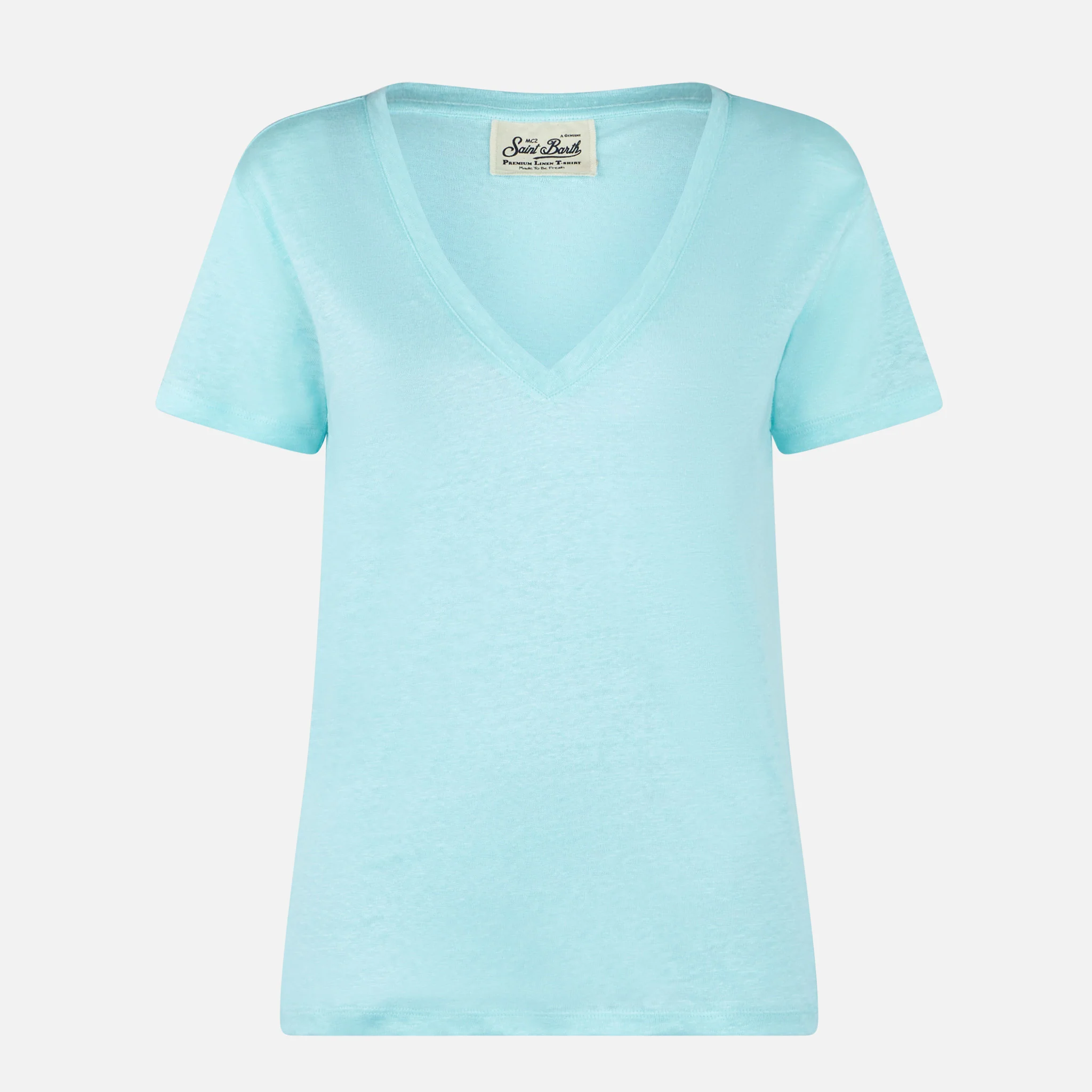 Dames T-shirt van lichtblauw linnen.