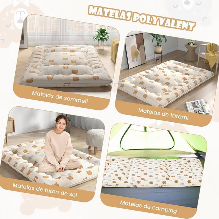 Colchón futón japonés GOPLUS para 2 personas, 140x200 cm - Cama enrollable portátil con bolsa de transporte, color marrón.