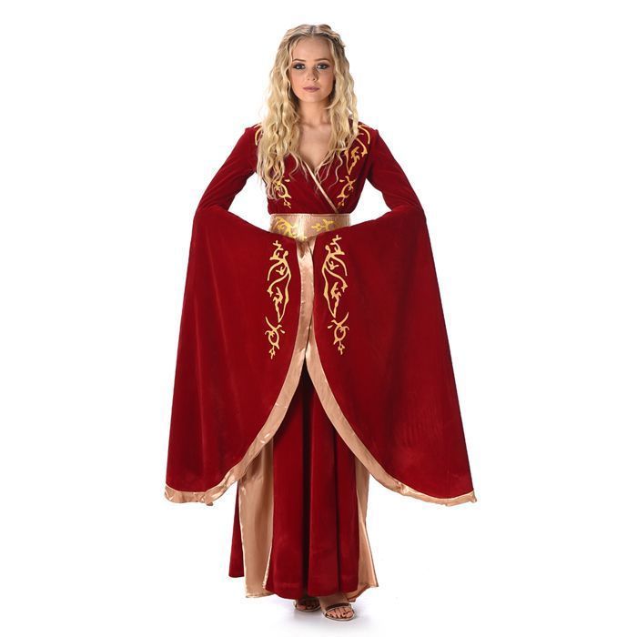 Fantasia feminina de rainha medieval vermelha e dourada