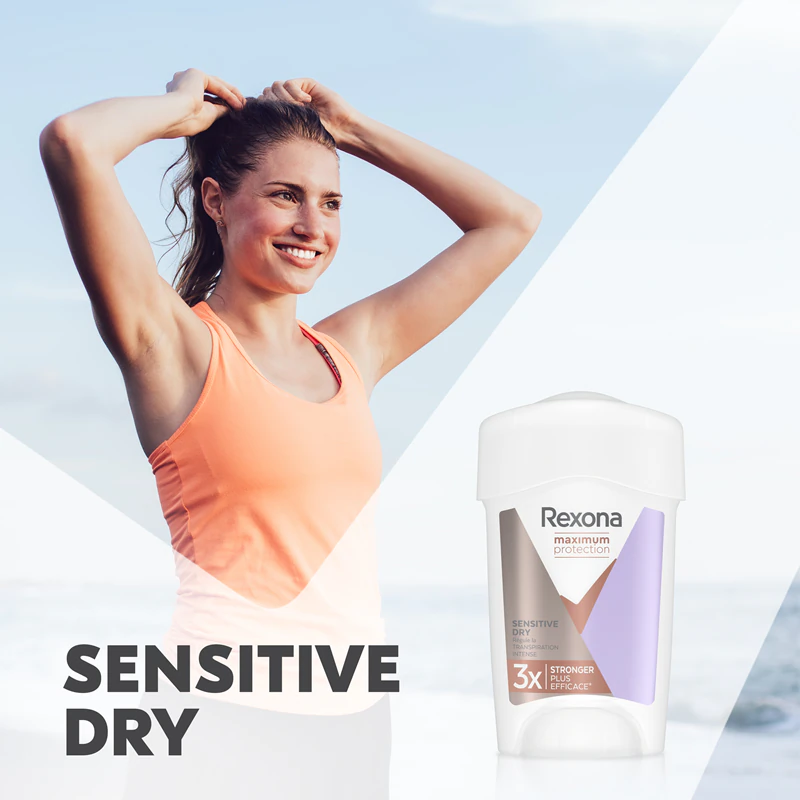Desodorante Rexona Maximum Protection Sensitive Dry Cream contra transpiração excessiva.