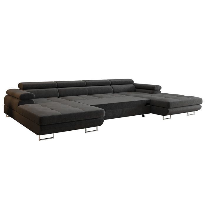 Ayden - Canapé panoramique en U 7 places convertible avec coffre et têtières réglables en tissu - Gris