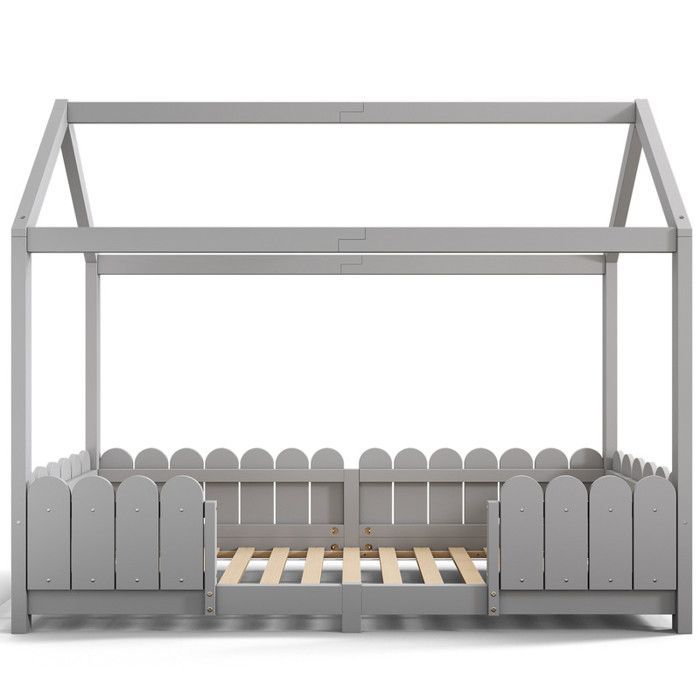 Lit enfant - Maison - Bois massif - Gris - Protection contre les chutes