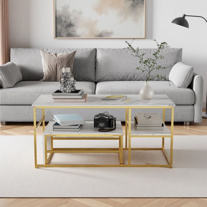 Tavolino da caffè per soggiorno - con piano bianco e gambe dorate - tavolino moderno - tavolino in marmo - Quadrato - 105x52x48 cm