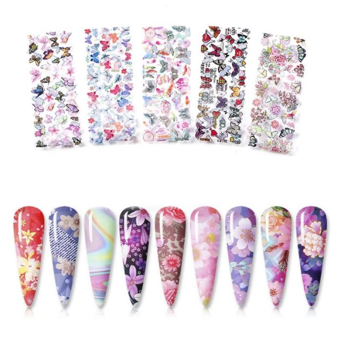 Lot de 10 autocollants aquarelle à motifs floraux et papillons pour ongles, avec lettres et effet gel.
