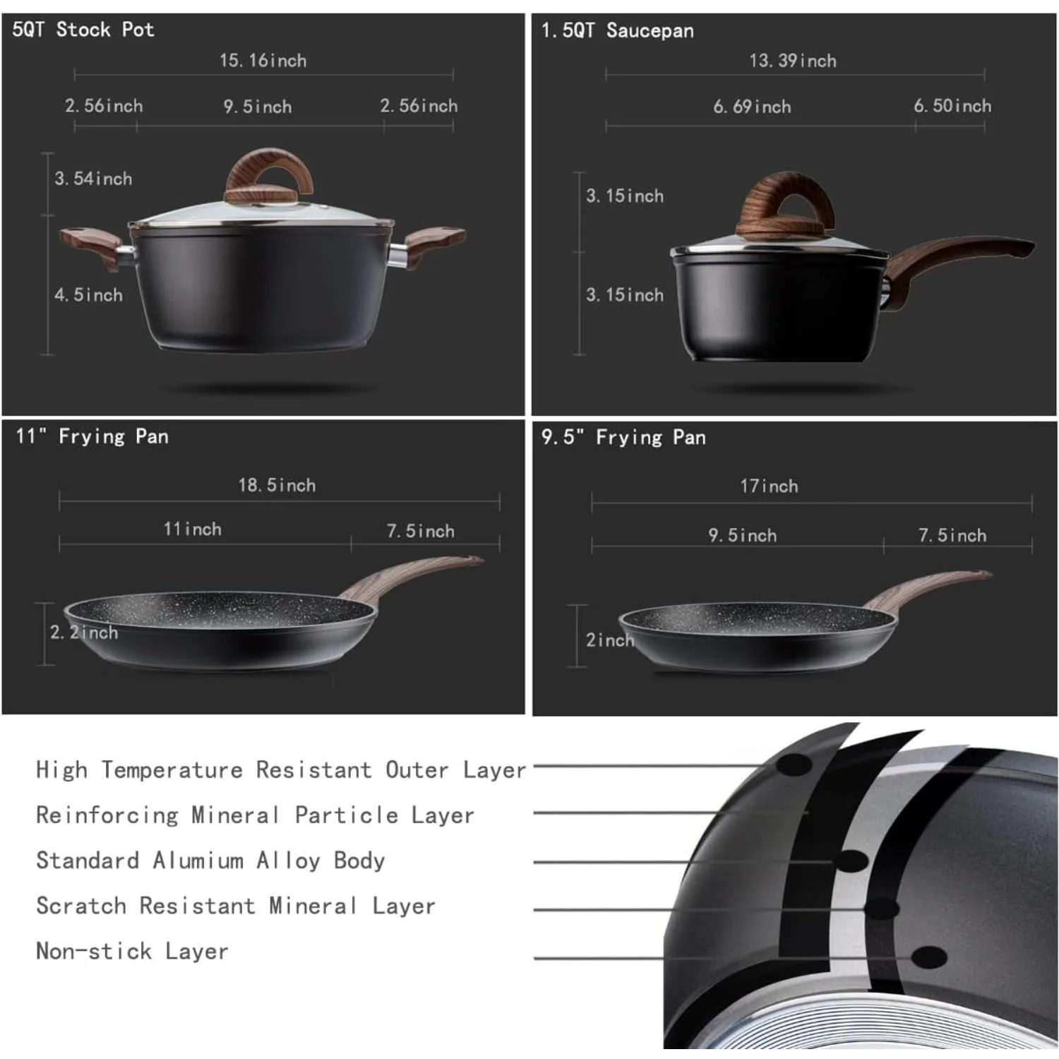 Ensemble de casseroles et poêles antiadhésives, batterie de cuisine en céramique avec motif granit, compatible induction.