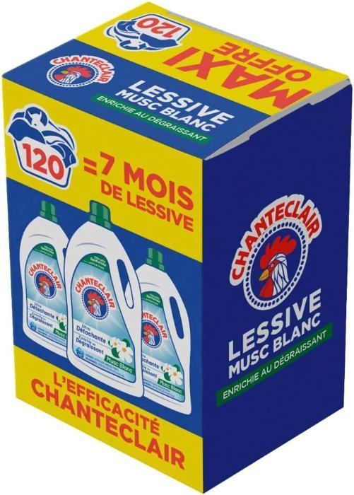 Lessive Liquide Concentrées Musc Blanc,Enrichie au Dégraissant,Ultra Détachantes et Efficaces aussi à Froid,40 lavages-1800 ml x 3